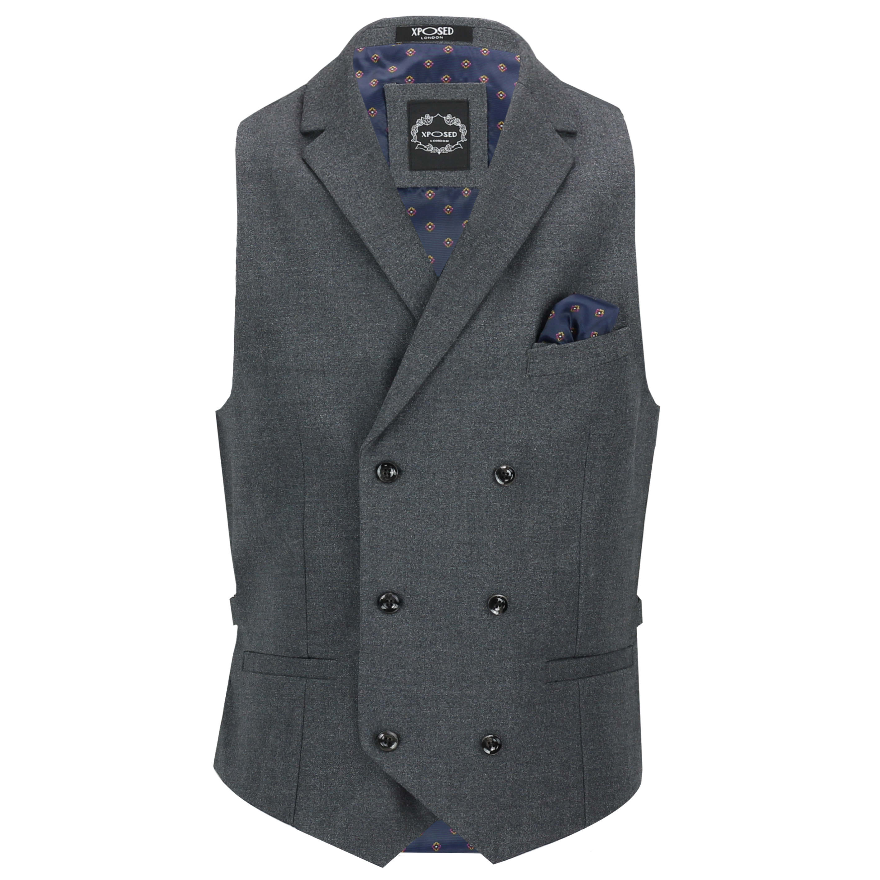 Mens Smart Casual Grey Black Double Breasted Collar Waistcoat Formal Fitted  Vest